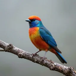 realistic photo of multi colored futuristic bird sitting on tree, sharp focus, smooth background, cinematic lightening, wide angle shot, very hyper realistic, highly detailed, fantasy art station