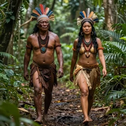 two highly realistic indigenous people walking together in the jungle, fantasy art, matte painting