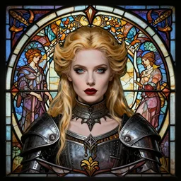 masterpiece head-on symmetrical centered portrait, Portia Doubleday as a Gothic Knight, blonde hair, gothic stained glass style, tarot card style, elegant, distant, in the style of Edgar Maxence and Ross Tran and Zdzisław Beksiński and Michael Whelan and Mucha and Gustave Doré, specular highlights, 8k, octane render