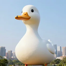 a gigantic duck looming over a city