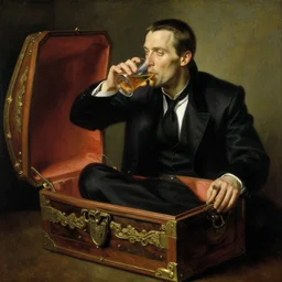 laurence fishburne as morpheus drinking a 4 0 in a casket, painting by gaston bussiere, craig mullins