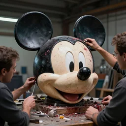 people in hangar repairing bloody mickey mouse head, made by beeple, cgsociety, artgerm, greg rutkowski, highly detailed intricate 8 k art, low light cinematic, 2 4 mm lens, close distance