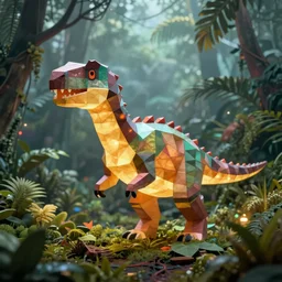 holographic low - poly glowing dinosaurs in a foggy jungle, by beeple
