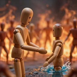 wooden human speaking with a water human in a crowd full of fire humans. photorealistic. cinematic.