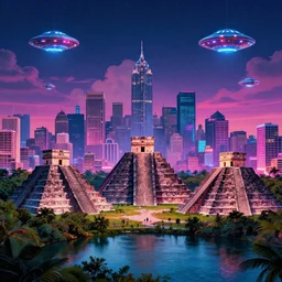 cityscape full of mayan pyramids with neons and ufos in the sky viewed from a lake in retrowave style 4 k