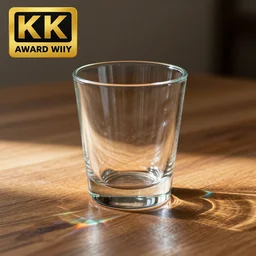 a clear glass on a wooden table with colorful caustics shining through the glass, realistic, award winning, detailed, 8k, HD, hyper realistic, octane render, cycles render,