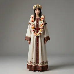 studio photo portrait of Lain Iwakura from Serial Experiments Lain wearing floral garlands over her traditional dress. full height portrait of Lain as a slavic pagan priestess wearing traditional pagan dress adorned with golden tiara, concept art by Greg Rutkowski and James Gurney and Ross Tran, ultrarealistic octane render, 8k, rtx on, trending on ArtStation
