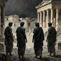 painting of the dark figures of four people in an ancient greece scenery, high contrast, concept art, town, temple, pillars, dramatic lighting, digital art, 8 k, extremely detailed, drawn by ruan jia