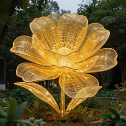 a gigantic golden wire sculpture of a flower in a garden, golden light