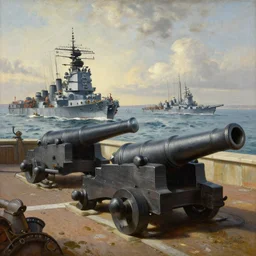 An oil painting of a naval battle with cannons, highly detailed, intricate, 4k, masterpiece