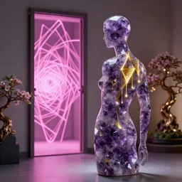 beautiful mannequin sculpted out of amethyst by billelis + lit with geometric neon dripping gold + kintsugi, facing a doorway opening with neon pink geometric fractal light + flowering bonsai trees + lighting in background!!, transcendent, clean linework, dramatic, finely detailed, award winning, 4 k, trending on artstation, photorealistic, volumetric lighting, rule of thirds, octane render