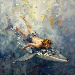 abstract watercolor painting of a prehistoric caveman, swimming to escape plesiosaurus, paint brush strokes, art by hans dahl, jesper ejsing, anders zorn, greg rutkowski, greg manchess, wonderful masterpiece, cinematic light, american romanticism