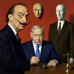 kafkaesque bureaucracy, benjamin netanyahu, vanitas, by salvador dali and rene magritte and beksinski