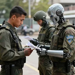 cyborg guards checking refugees papers