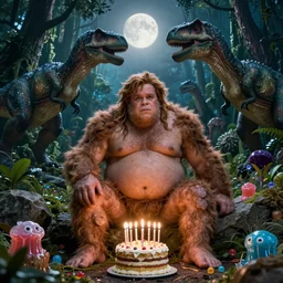 photo, hairy fat cave people, emma!! watson!!, looking at camera, surrounded by dinosaurs!, gigantic forest trees, sitting on rocks, bright moon, birthday cake on the ground, front full body view, jelly! monster!
