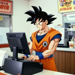 a grainy cell phone photo of goku spotted working the cash register at a fast food restaurant.