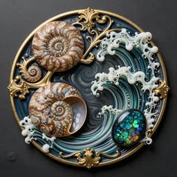 art nouveau cresting oil slick waves, ammonite, paua shell, ammolite, black opals, rococo, organic rippling spirals, realistic hyperdetailed ultrasharp octane render