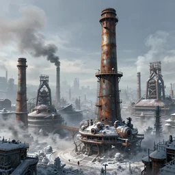 highly detailed concept art of monumental chimney of the huge steelworks in the steampunk city center trending on Artstation by Daniel Dociu and Greg Rutkowski, high quality, dieselpunk, architecture, frostpunk, pollution and smoke, rusty