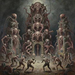 oil paint of 1 1 horrifying machines as mainframe moshed macerated terror or evil inside flayed gods in tiers, colossal medical gangrene machines in tiers, dethroning / we machines / melee, battle pit, by shigeru komatsuzaki, by alberto bontempi, basil gogos, wayne d barlowe, stefano tamburini, ember light, muted