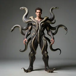 a perfect full length portrait of a man standing, proudly displaying his four dimensional hyperbolic body extensions that extrude, protude and extend outwards and around his body like grasping prehensile tendrils tentacles and snakes, perfect studio lighting.