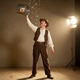photo still of rip taylor at a burning saloon 1 9 1 5!!!!!!!! at age 5 4 years old 5 4 years of age!!!!!!! throwing confetti from a bucket, 8 k, 8 5 mm f 1. 8, studio lighting, rim light, right side key light