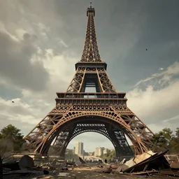 a destroyed eiffel tower with paris in ruins post - nuclear war in fallout 4, in game screenshot
