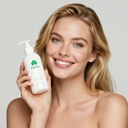 “Blonde woman smiling while holding a lotion made by a brand called ‘Elation’ with a three leafed clover logo, smart, beautiful, realistic, magnificent”