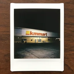 polaroid photo of an abandoned kmart store at night, flash photography