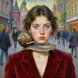 realistic detailed closeup portrait painting of a single snail wearing crimson velvet blazer in a crowded futuristic moscow street by Jean Delville, Amano, Yves Tanguy, Alphonse Mucha, Ernst Haeckel, Ilya Repin, Edward Robert Hughes, Andrei Tarkovsky, Roger Dean, rich moody colours, blue eyes