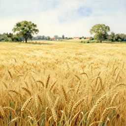 a hiper intricate watercolor of a beatifull serene wheat field with some trees and little village in the background, extremely detailed, sharp focus, wide view, smooth, digital illustration, colorfull, by william turner art, by greg rutowski, by carl larson, by edmund dulac