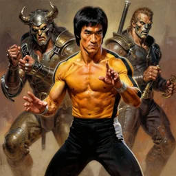 spawn, bruce lee, digital painting masterpiece by frank frazetta and kim jung gi and mœbius and mike mignola, 4 k wallpaper, highly detailed, intricate brush strokes