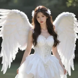 photograph of a real-life beautiful female angel with ornate white dress .  Extremely detailed. 8k