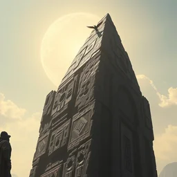 by diane dillon and jung park, visually stunning, cinematic, ultra realistic, hyper realism, 1 2 k, epic, octane render, unreal engine, vfx, maya, a small winged creature lands on the very top of the monolith : strong dmt vibes, cowboy plague doctor : kitesail cleric, legion angel : applied biomancy
