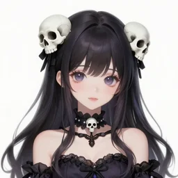 Character concept art of a female anime necromancer || cute skulls in hair, cute-fine-face, pretty face, realistic shaded Perfect face, fine details by Stanley Artgerm Lau, WLOP, Rossdraws, James Jean, Andrei Riabovitchev, Marc Simonetti, and Sakimichan, tranding on artstation