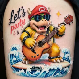 whitest kids you know tattoo bowser from super mario brothers 2 with sunglasses with a double neck guitar on a surfboard and waves are coming up at the bottom and in cursive it says let's party, 4 k, hyper realistic, artistic,