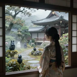 ilya kuvshinov illustration of a beautiful girl in japan, looking out a window at a temple garden filled with yokai and spirits, spirits in the garden, hazy and misty, magical feeling, uhd, high detail, by ilya kuvshinov