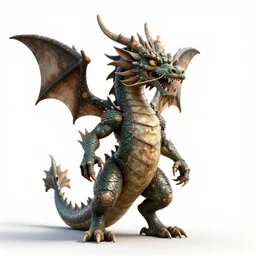 weathered eastern dragon, detailed 3d character render, full body, standing, isolated on a pure white background, centered, whole figure in frame, sharp focus, studio lighting