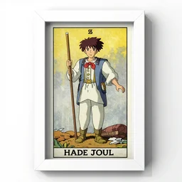 the fool tarot card as drawn by studio ghibli, whole card, white frame, concept art