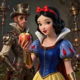 highly detailed digital steampunk portrait by james edwin mcconnell and walt disney of snow white holding an apple