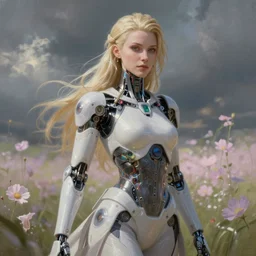 photo realism hqportrait of beautiful cyborg lili reinhard in cyborg clothes detailed, romantisism, outrun, pastel flowers, painting, dramatic, detailed, by android jones, artstation