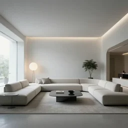 futuristic minimalist living room, surreal, coherent composition, architecturally accurate, architecture photography, 8 k