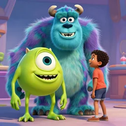 Obama as a monster in the movie Monsters Inc::a kid is standing next to him::Happy and laughing