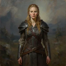 a full body high detail fantasy portrait oil painting illustration of emily blunt as a beautiful young stoic barbarian woman by justin sweet with face and body clearly visible, in a scenic background, pupils visible, realistic proportions, d & d, rpg, forgotten realms, artstation trending, high quality, sombre mood, artstation trending, muted colours, entire person visible!