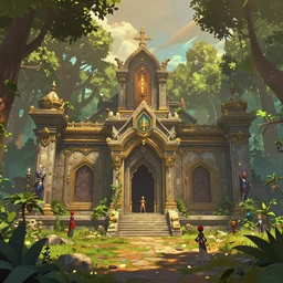 fantasy temple ruins at the edge of a warm and lush deciduous forest, intricate, elegant, highly detailed, magic the gathering, hearthstone, sung choi, victor adame, tyler jacobson