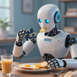 highly detail cinematic picture of a robot eating a floppy disk for breakfast