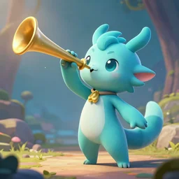 cyan cute spirit axie pet warningly blows trumpet, fantasy, style artstation, style greg rutkowsk, octane render, unreal engine 6, epic game graphics, fantasy, conceptual art, ray tracing
