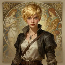an epic fantasy comic book style portrait painting of a young blonde girl with pixie haircut wearing plain thief clothes, confident, d & d, fantasy, intricate, elegant, highly detailed, digital painting, artstation, concept art, matte, sharp focus, illustration, art by artgerm and greg rutkowski and alphonse mucha