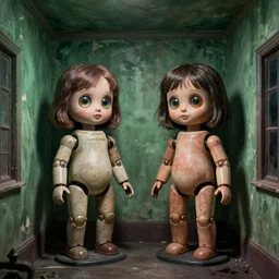 life size animatronic dolls on the tube by margaret keane, 1 9 6 0 s, vaporwave, big glass eyes, real hair, dimly lit, distressed venetian green plaster walls, liminal space, haunting atmosphere, gothic, photorealistic, hyperdetailed 3 d matte painting, hyperrealism, hyperrealistic, cinematic, silent hill, horror style, unrealengine octane render, 8 k