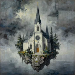 a portrait of a floating church in the atmospheric mist, high detailed beksinski painting, by adrian ghenie and gerhard richter. art by takato yamamoto. masterpiece, deep colours.