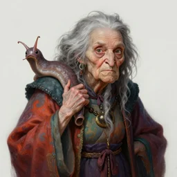 character concept portrait, old gray hag with a pet giant slug on her shoulder, digital painting, detailed, highly detailed, vivid colored robes, smooth, sharp focus, illustration by ruan jia and mandy jurgens and william - adolphe bouguereau, artgerm